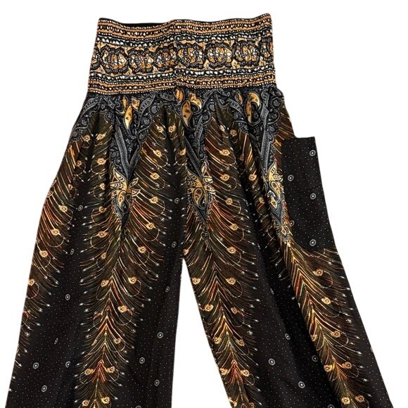 Banjamath Boho Peacock Feather Print Harem Pants Women's Size L Rayon - Picture 5 of 8